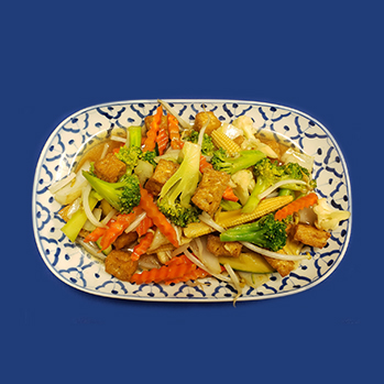 Deep fried tofu, stir-fried with mixed vegetables with light tasting garlic sauce.