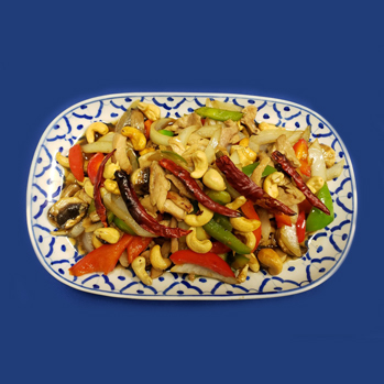 Chicken, with roasted cashew nuts, dried chiki, mushrooms and sweet bell peppers.