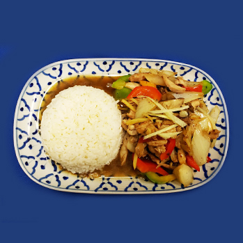 chicken, pork or beef with fresh ginger, mushrooms and sweet bell peppers