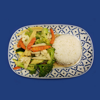 Stir-fried mixed vegetables (beans sprout, broccoli, carrot, cauliflower, nappa and zucchini) with light garlic sauce
